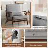 Modern accent chair with rubber wood armrests, gray removable cushions, and zippered pillow cover for easy cleaning.