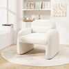Beige modern accent chair with waist pillow and armrests, featuring soft sherpa upholstery for living room comfort.