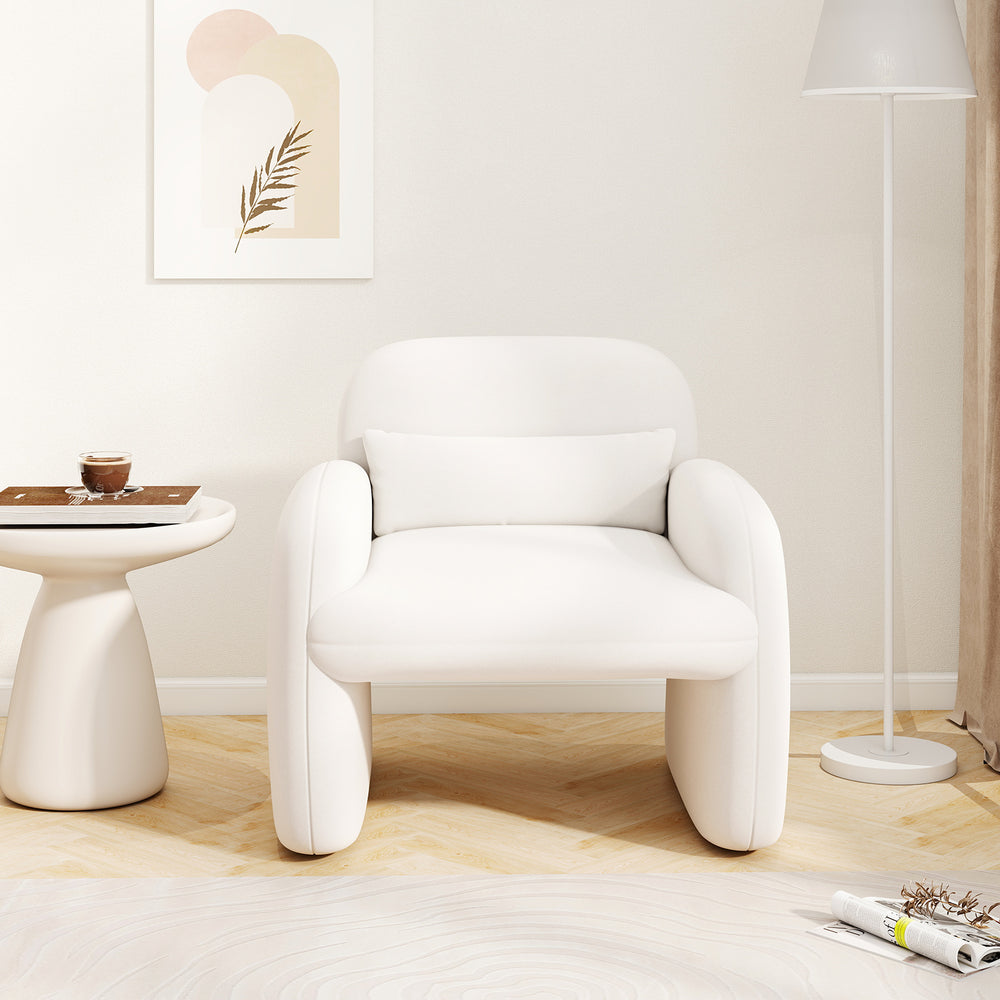 Modern accent chair in beige with armrests and waist pillow, featuring soft sherpa upholstery for living room comfort.