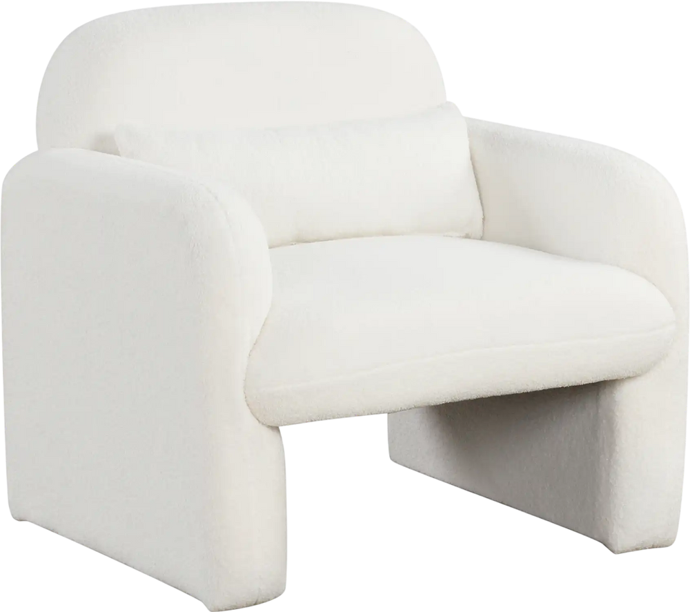 Modern accent chair in soft sherpa upholstery with armrests and waist pillow, perfect for living room or bedroom.