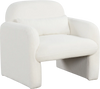 Modern accent chair in soft sherpa upholstery with armrests and waist pillow, perfect for living room or bedroom.