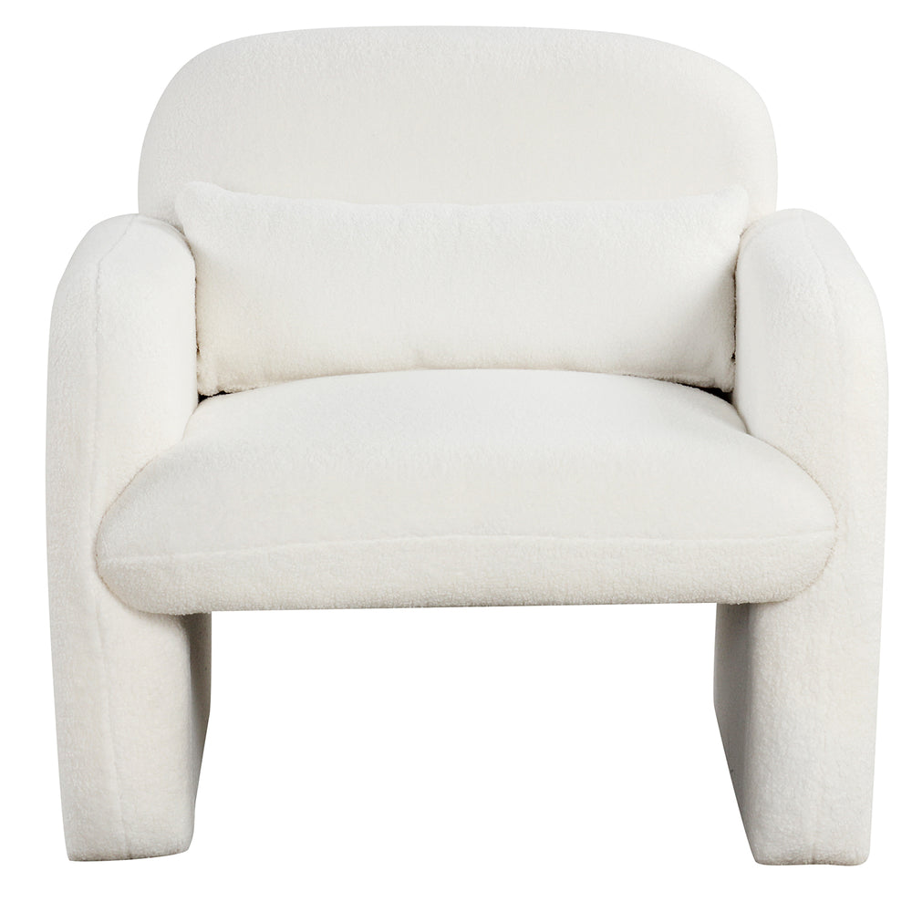 Modern accent chair in beige with soft sherpa upholstery, ergonomic armrests, and included waist pillow for comfort.