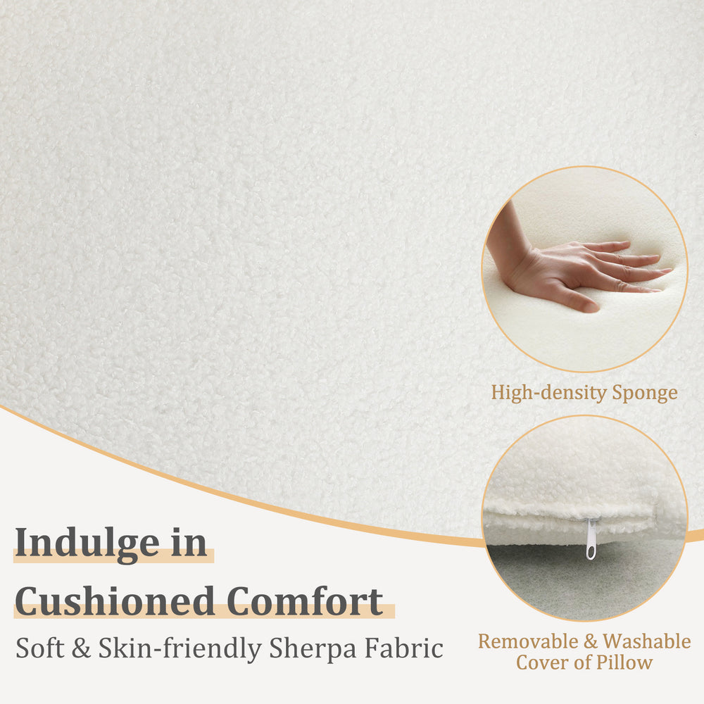 Beige modern accent chair with waist pillow, soft sherpa upholstery, and ergonomic armrests for living room comfort.