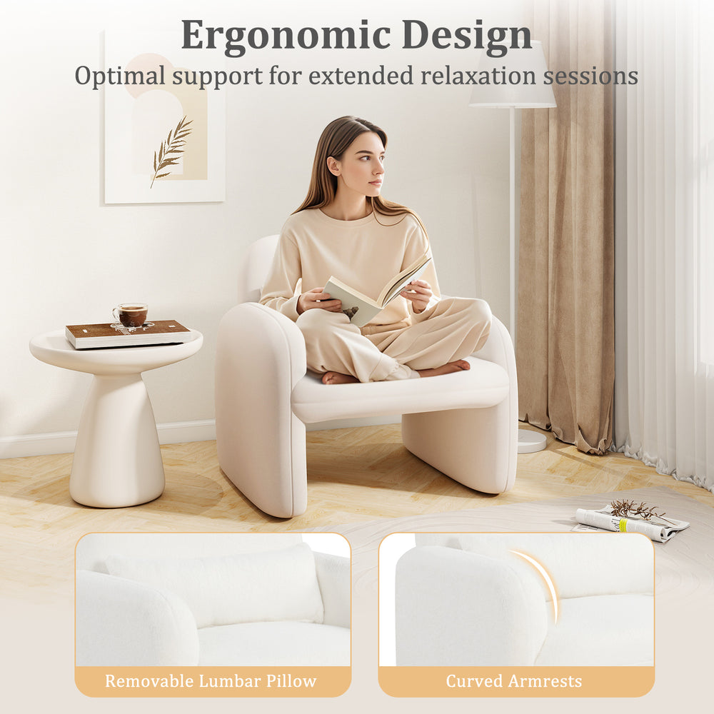 Modern accent chair in beige with removable lumbar pillow and curved armrests, perfect for living room relaxation.