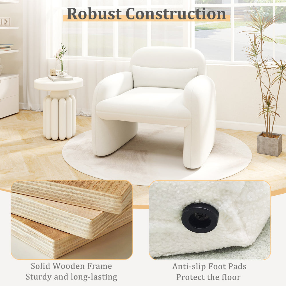 Beige modern accent chair with waist pillow and armrests, featuring a sturdy wooden frame and anti-slip foot pads for.