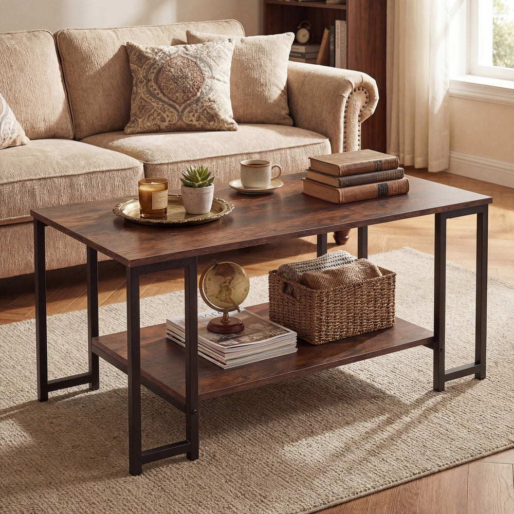 Rustic brown modern accent table with open storage shelf, featuring a heavy-duty metal frame and ample living room.