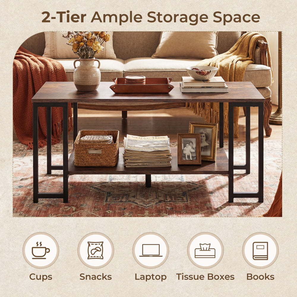 Modern accent table in rustic brown with open storage shelf, featuring ample space for cups, snacks, and books.