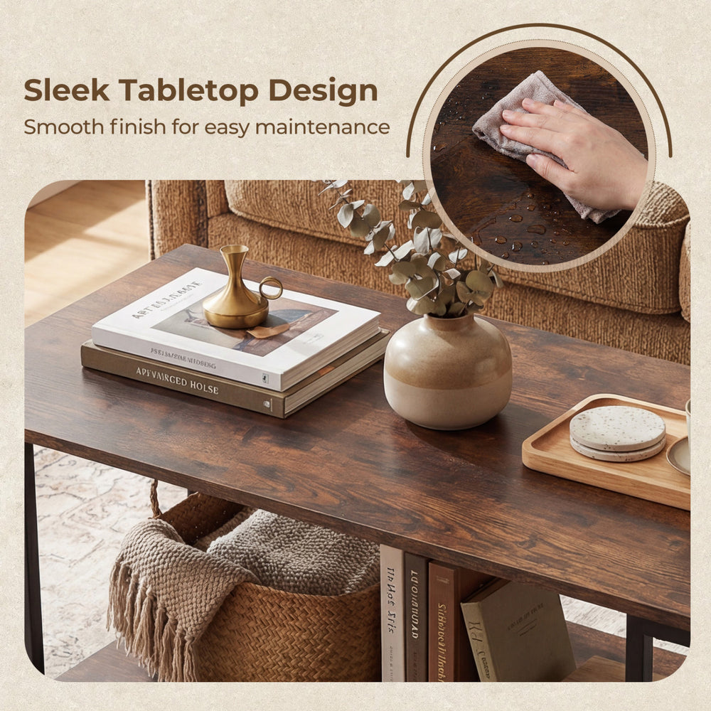 Modern accent table in rustic brown with sleek tabletop and open storage shelf, ideal for organizing living room.