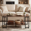 Rustic brown modern accent table with open storage shelf, featuring a heavy-duty metal frame for living room.
