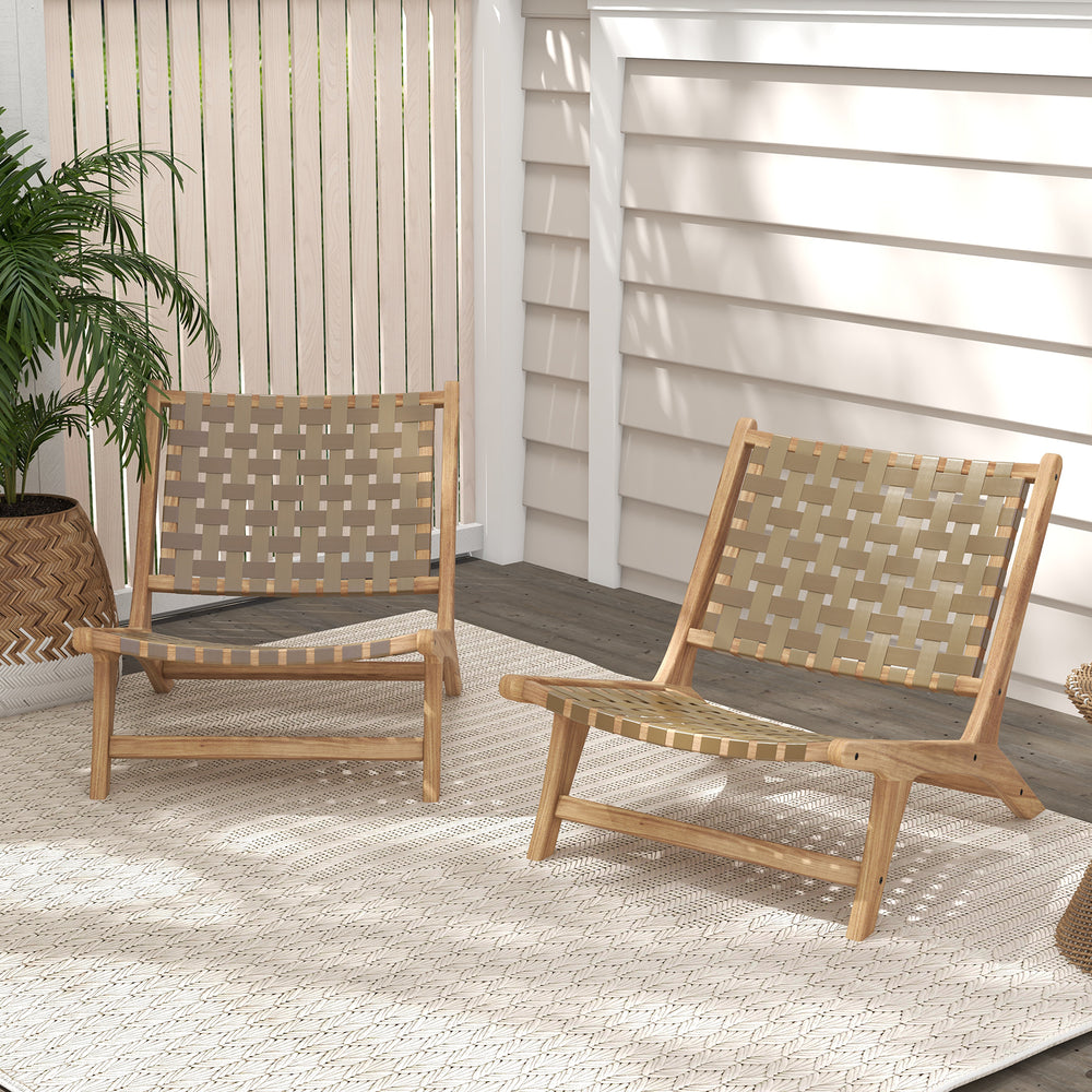 Modern armless teak wood lounge chairs with nylon woven backrest, perfect for relaxing in living rooms or porches.