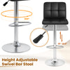 Height adjustable black bar stool with 360° swivel, metal base, and footrest, suitable for various counter heights.