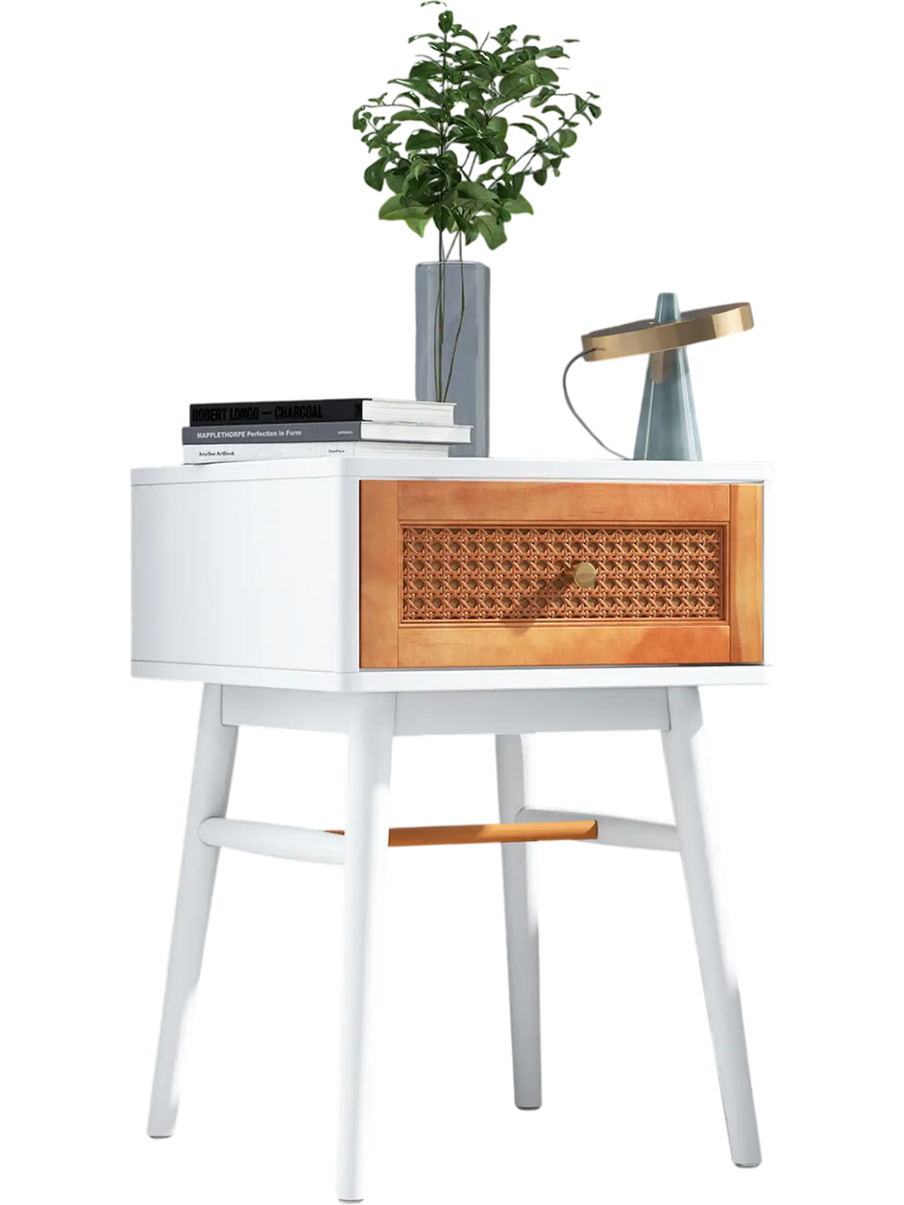 Modern bedside table with solid wood legs, rattan front panel, and a large drawer for convenient storage in white.
