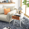 Modern bedside table with solid wood legs, rattan front panel, and large drawer, perfect for bedroom or living room use.