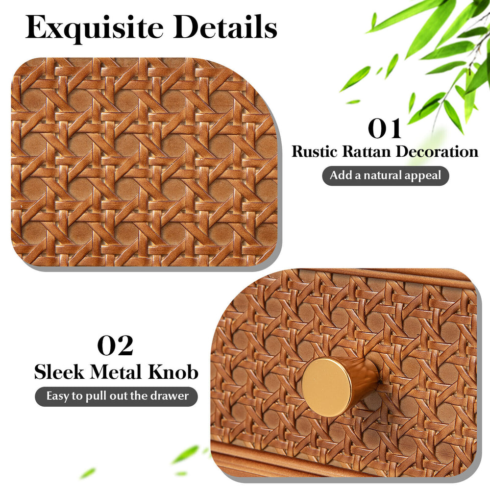 Close-up of the rattan-decorated front panel and sleek metal knob of the 1-drawer bedside table for modern decor.