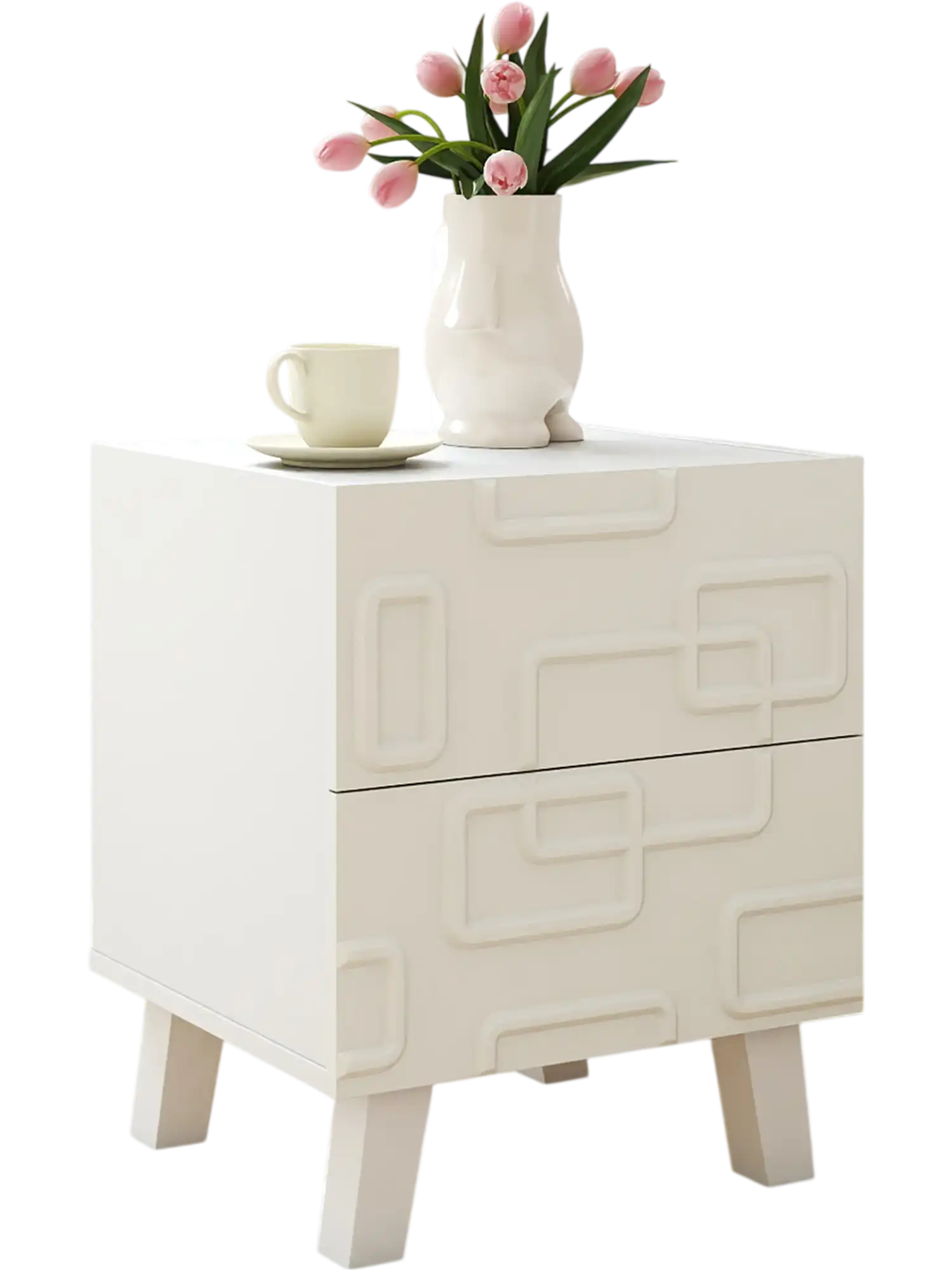 Costway Modern Nightstand Side Table w/ Drawers 3D Geometric White 327569184 New