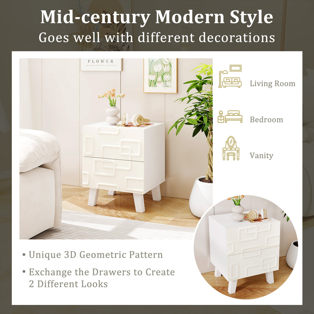 Modern nightstand side table in white with 3D geometric patterns, featuring two drawers for storage and a convenient.