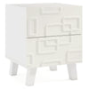 Modern nightstand side table in white with 3D geometric patterns and two spacious drawers for stylish storage.