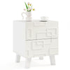 Modern nightstand side table in white with 3D geometric patterns, featuring two drawers and a convenient tabletop for.