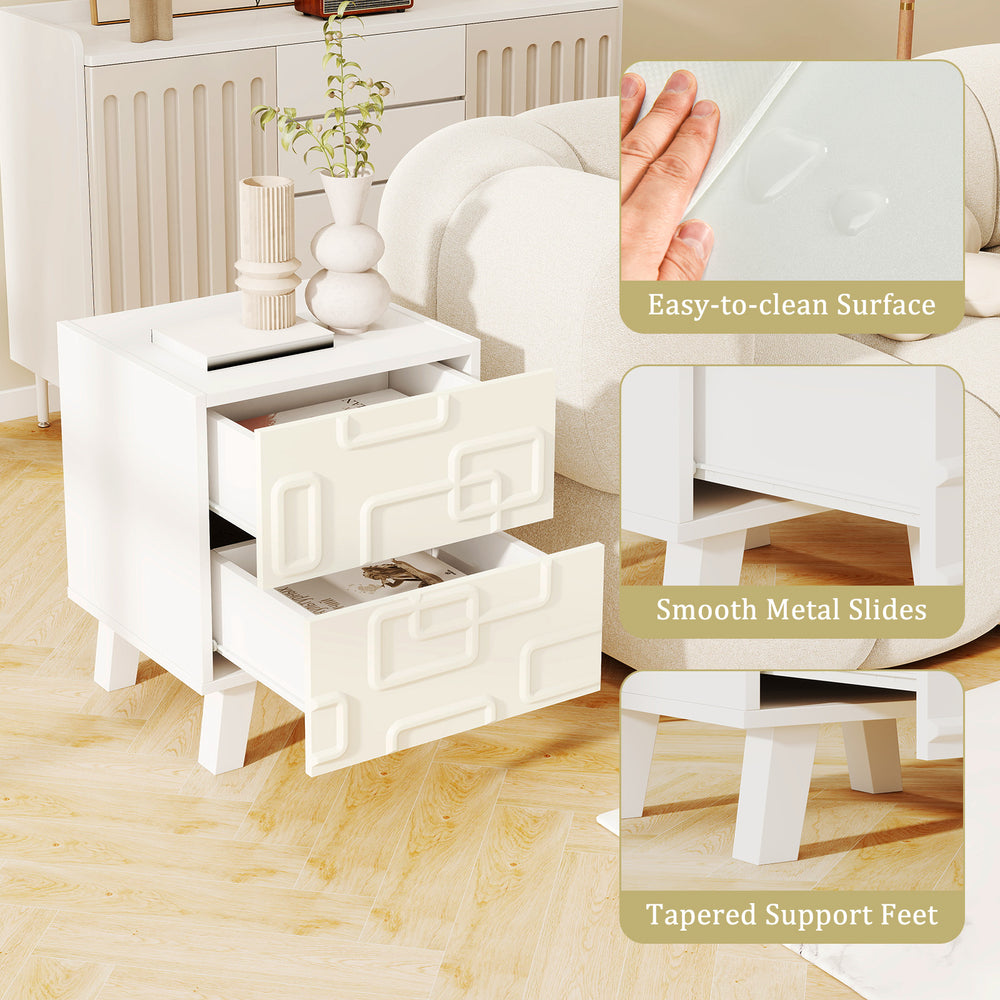 Modern white nightstand featuring 3D geometric patterns, two spacious drawers, and a convenient tabletop for essentials.