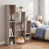 Modern cat bookshelf in gray oak with 8 sections, featuring dual round holes for cat hideaways and ample storage space.