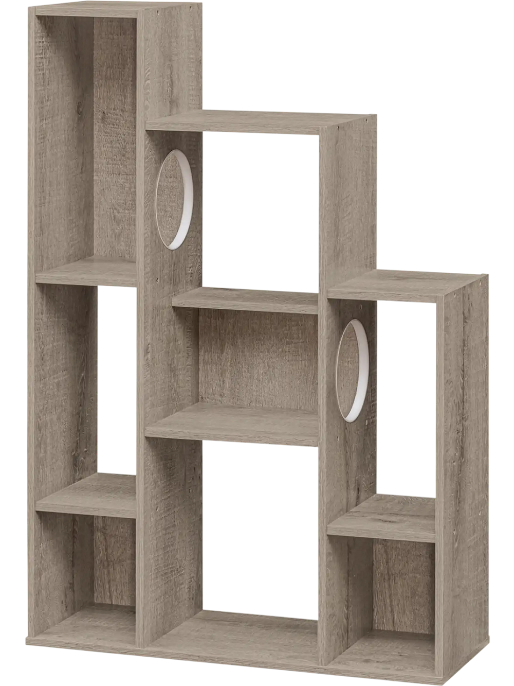 Modern cat bookshelf with 8 sections in gray oak, featuring dual round holes for cat hideaways and ample storage.