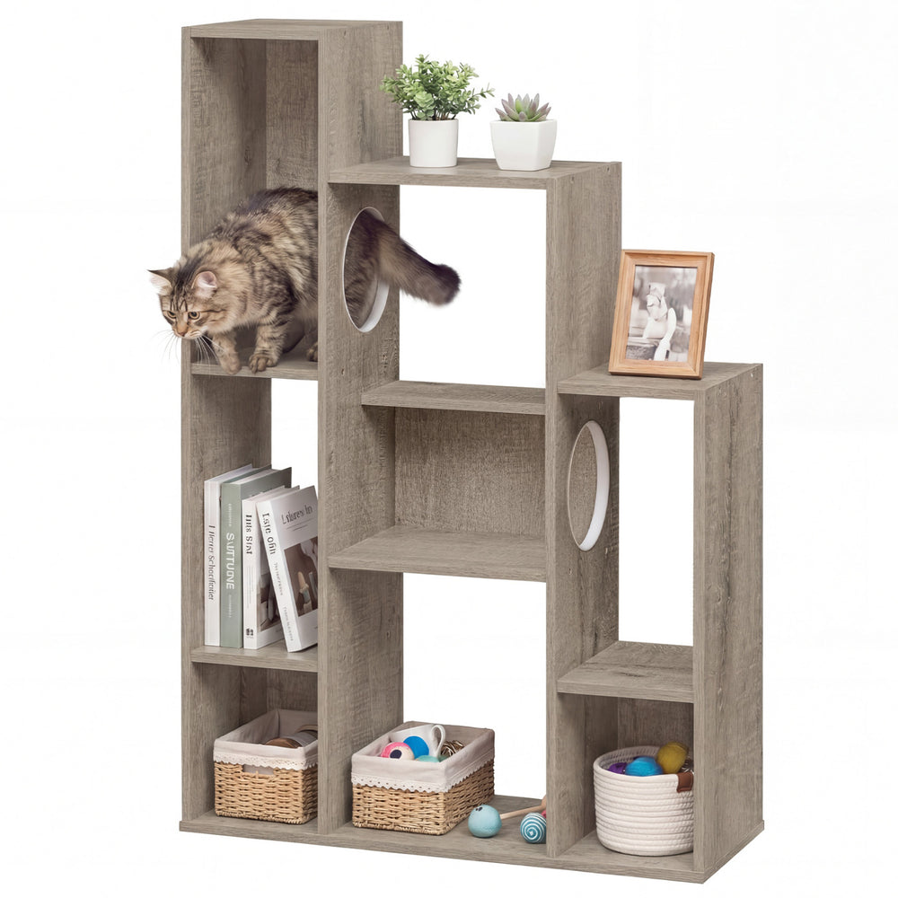 Modern cat bookshelf with gray oak finish, featuring multi-level design and dual round holes for cat lounging and play.