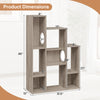 Multi-level gray oak cat bookshelf with 8 sections and 2 round holes, ideal for climbing and lounging in modern spaces.