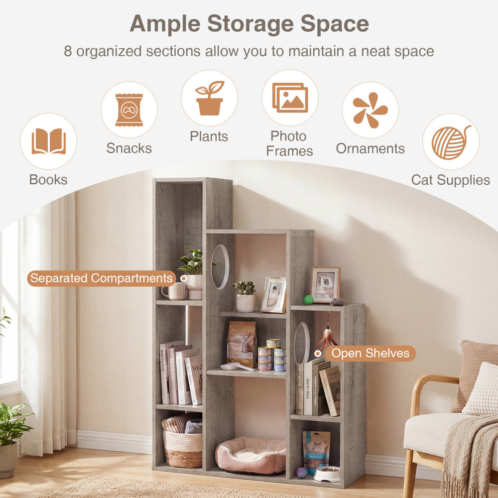 Modern cat bookshelf in gray oak with 8 sections, featuring open shelves and round holes for cat hideaways.