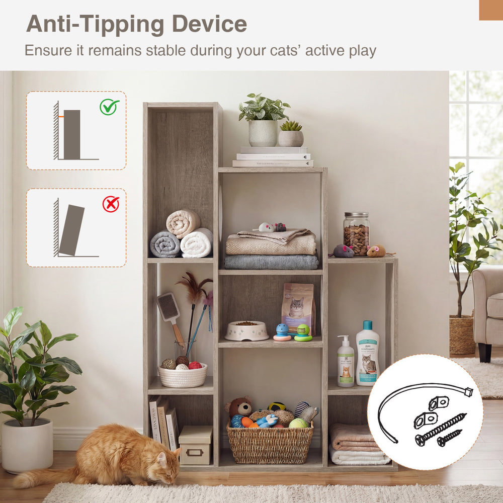 Modern cat bookshelf with 8 sections in gray oak, featuring anti-tipping device and dual round holes for cat play.