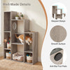 Modern cat bookshelf with 8 sections in gray oak, featuring dual round holes and anti-slip foot pads for stability.