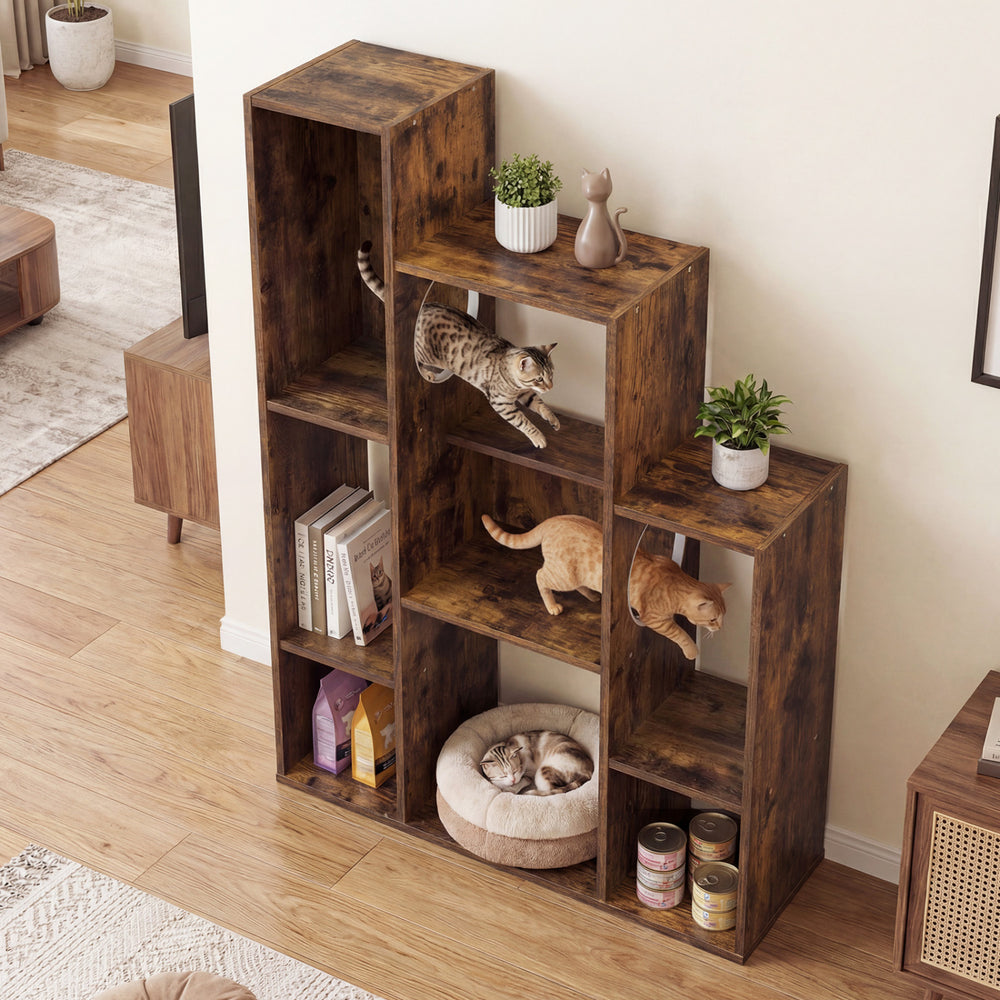 Modern Cat Bookshelf Cat Tree 8-Section Storage Cabinet with 2 Round Holes-Rustic Brown - Gallery View 1 of 10