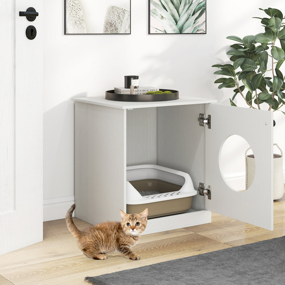 Modern cat litter box enclosure in white with an open door, designed for small to large cats, featuring a stylish look.
