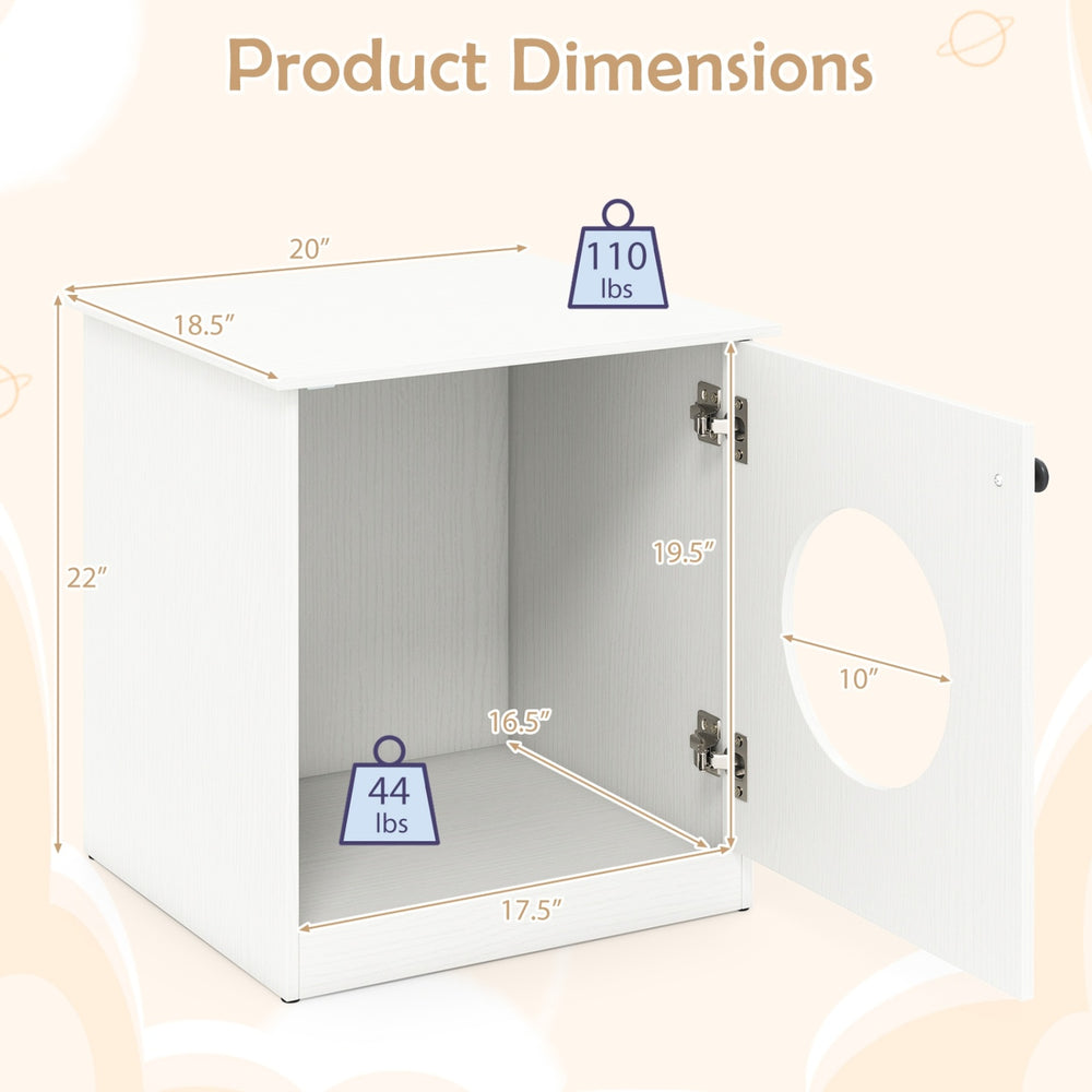 Modern cat litter box enclosure in white, featuring dimensions and weight capacity for small to large cats.