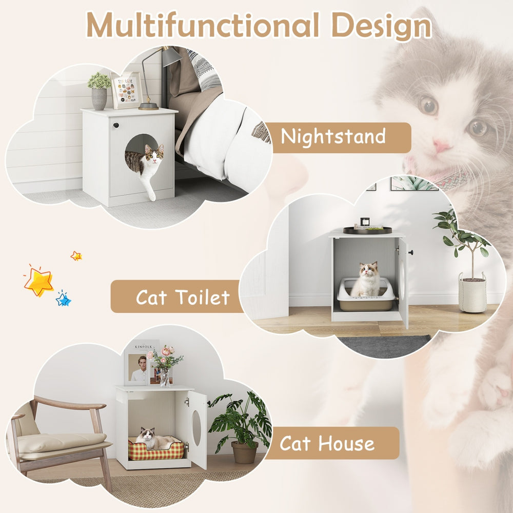 Modern cat litter box enclosure in white, serving as a nightstand, cat house, and toilet for small to large cats.