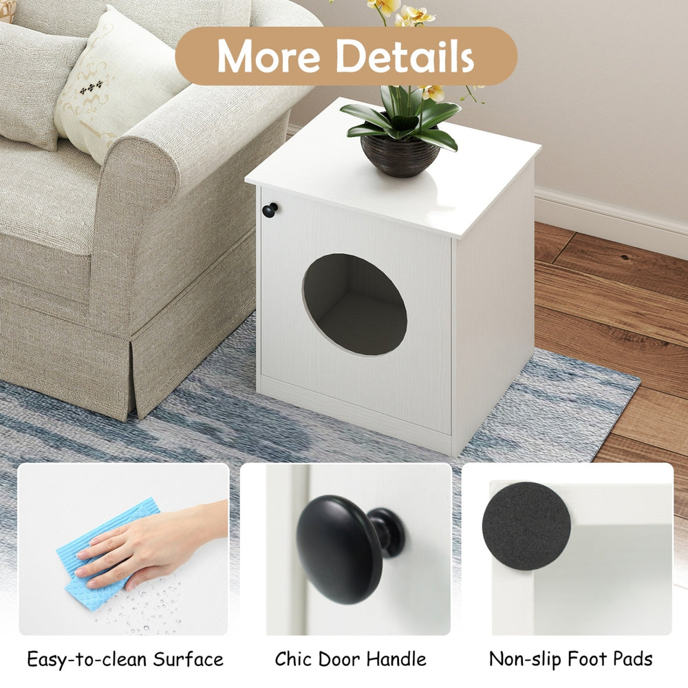 Modern white cat litter box enclosure featuring a chic door handle and non-slip foot pads for stability.