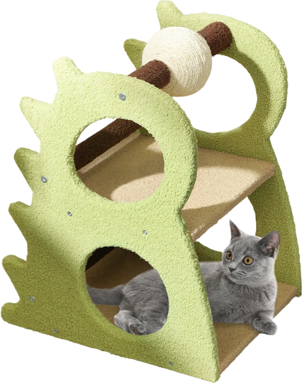 2-tier green cat tree with dinosaur design, featuring a rotatable sisal scratching ball and cozy platforms for indoor.