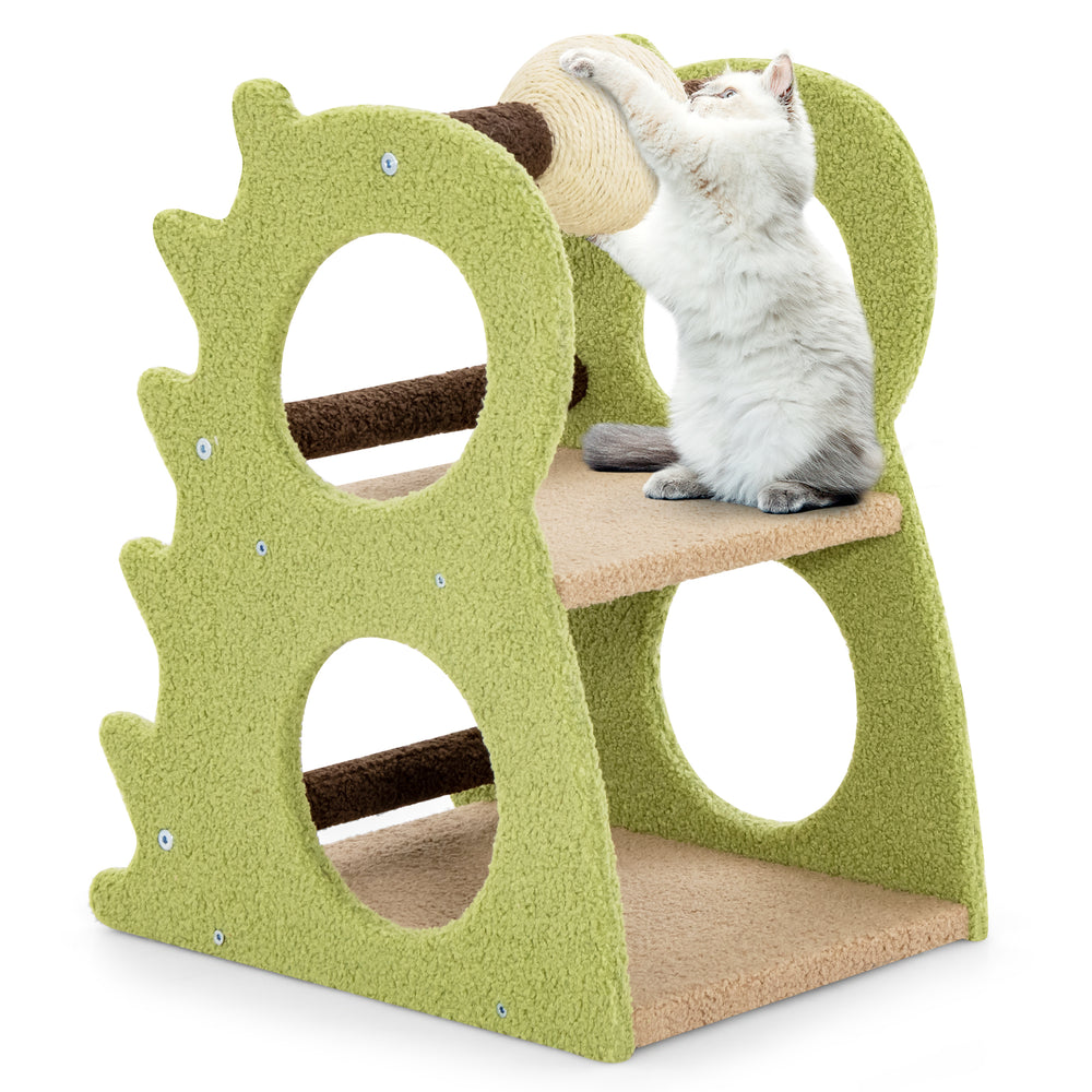Green 2-tier cat tree with plush fabric and sturdy base, featuring playful cat holes and a rotatable sisal scratching.