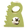 Green 2-tier modern cat tree with dinosaur design, featuring scratching ball and cozy hideouts for indoor cats.