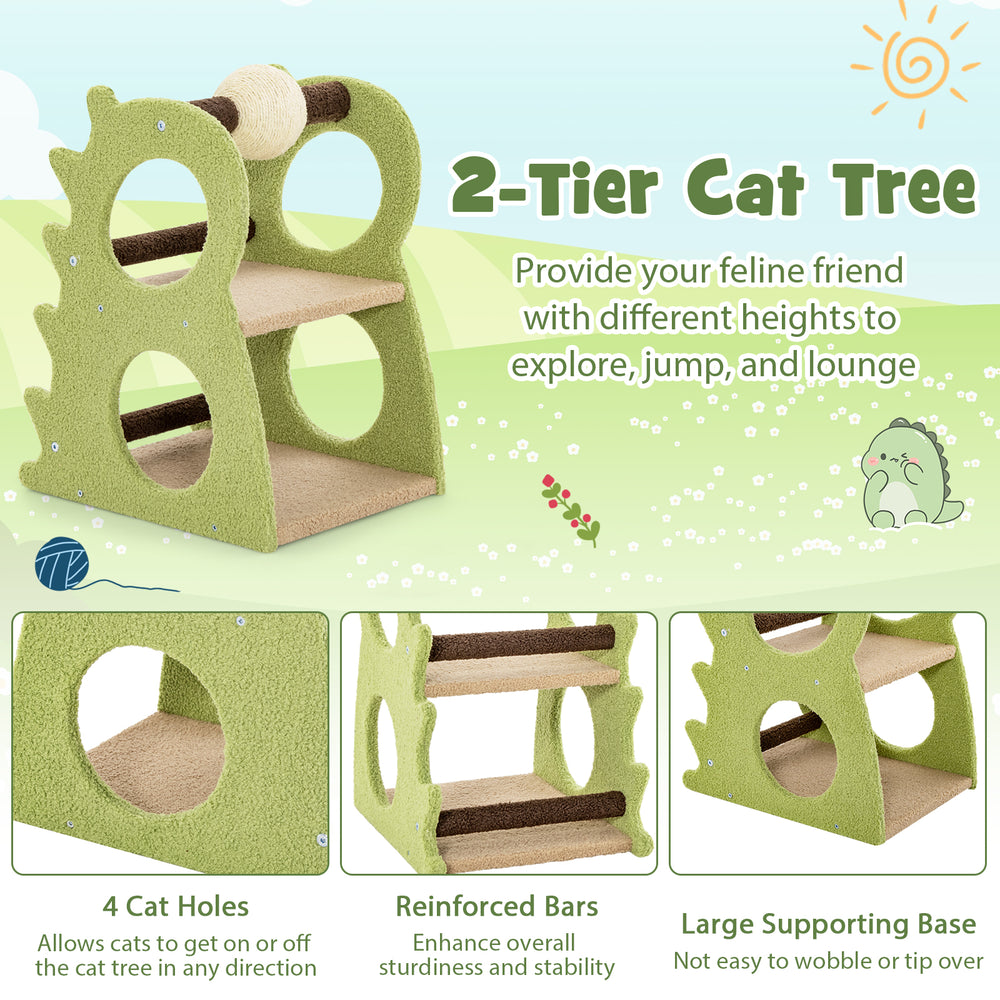 2-Tier green cat tree with 4 holes, rotatable sisal ball, and plush fabric for indoor play and relaxation.