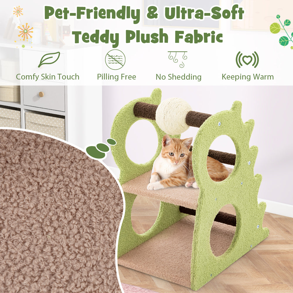 2-tier modern cat tree in green with plush fabric, featuring rotatable sisal scratching ball and playful cat holes.