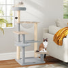 Modern cat tree with multiple platforms and a transparent space capsule, offering a stylish play area for cats.