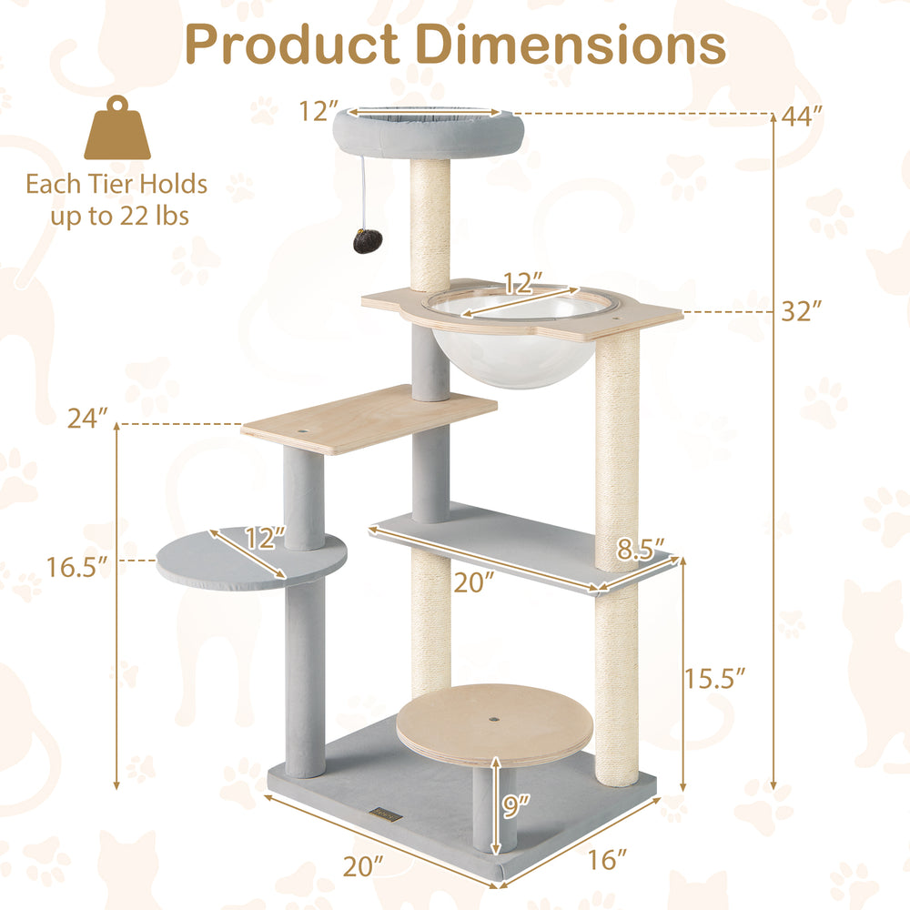 Dimensions of the Modern Cat Tree with removable padded perch, featuring multiple platforms and sisal scratching posts.