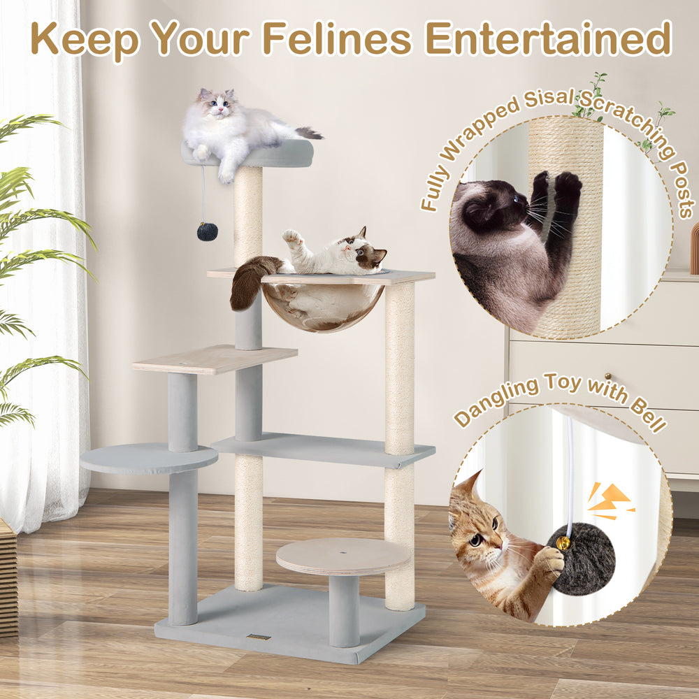 Multi-level cat tree with removable padded perch, sisal scratching posts, and dangling toy for feline entertainment.