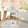 Modern cat tree with solid pear wood posts, plush platforms, and a cozy condo for playful and relaxed cats.