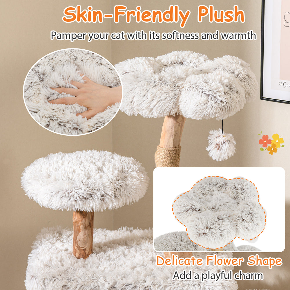 Plush top perch in flower shape on a 53-inch tall cat tree, featuring solid wood branches and jute scratching posts.