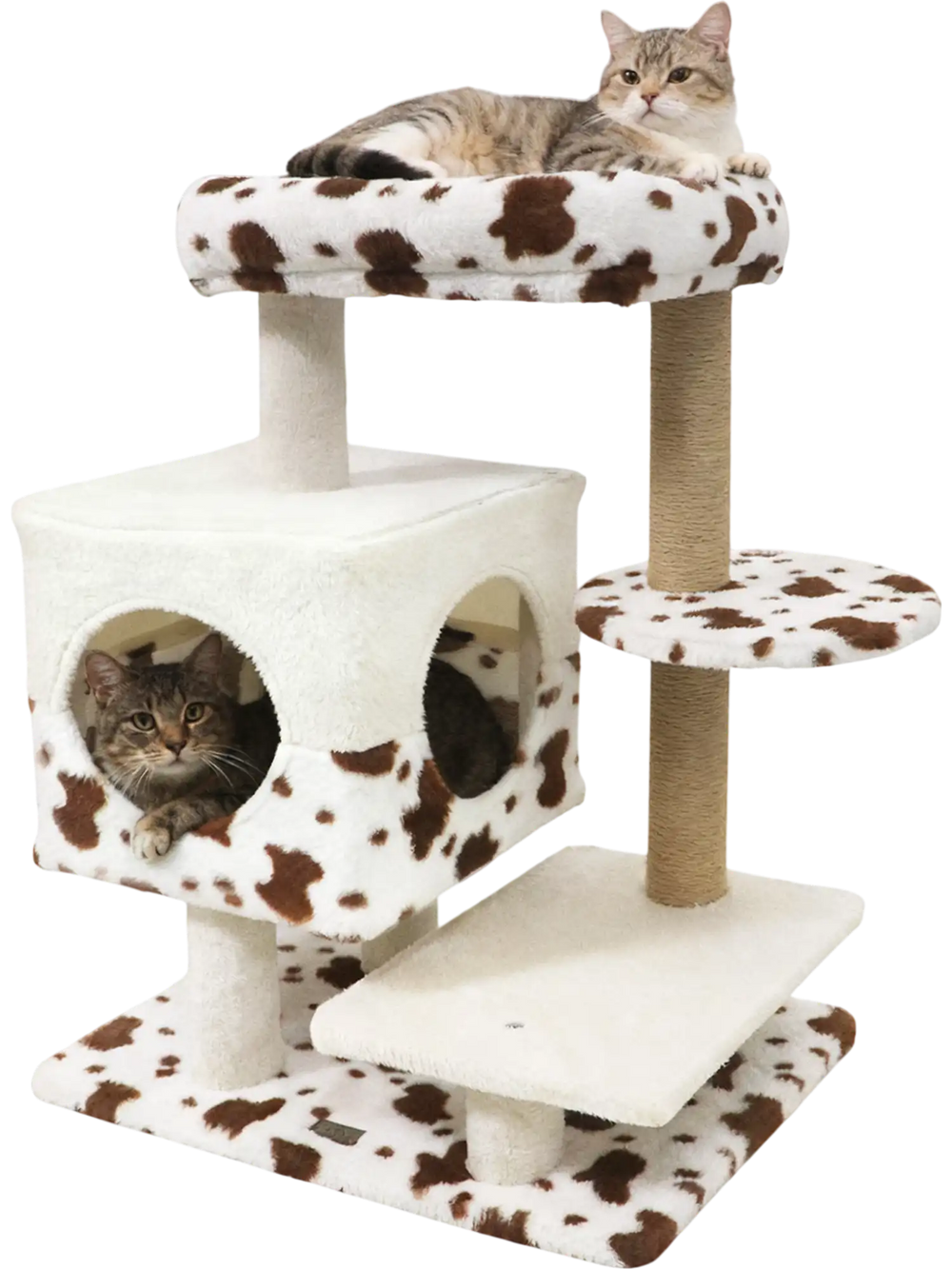 Cat tree featuring a cozy two-entrance condo, wide perch, and scratching posts for indoor play and relaxation.