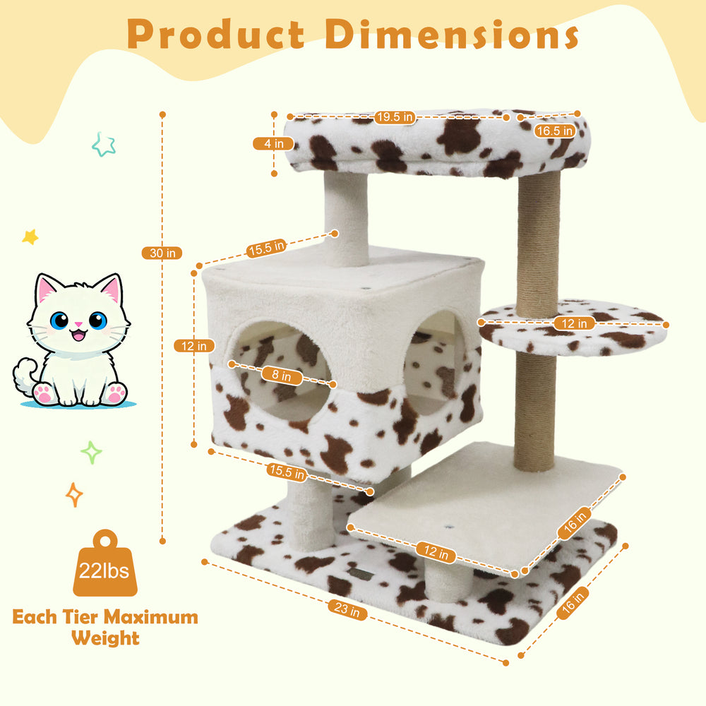 Modern cat tree with wide upholstered perch, two-door condo, and scratching posts, perfect for indoor cat lounging.