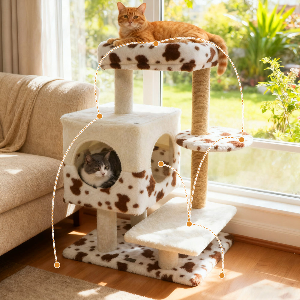 Modern cat tree with wide upholstered perch, two-door condo, and scratching posts for indoor feline relaxation.
