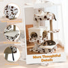 Modern cat tree with cow-patterned fabric, featuring a wide perch, two-door condo, and stable design for indoor cats.