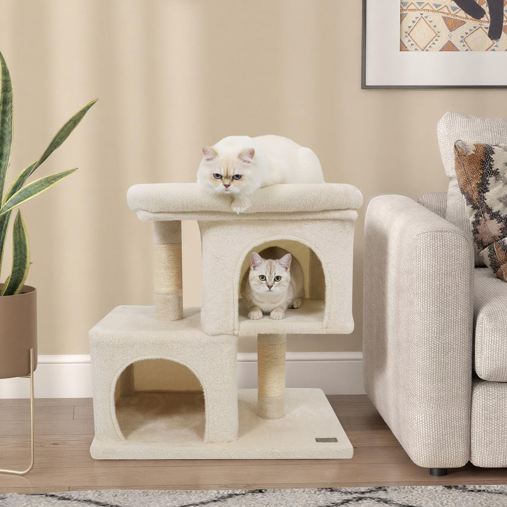 Modern Cat Tree Space-saving Cat Tower with Upholstered Perch and 2 Cat Condos-Beige - Gallery View 1 of 10